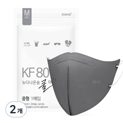다나마스크 뉴 다나온숨 쿨마스크 새부리형 중형 KF80, 50개입, 2개, 회색