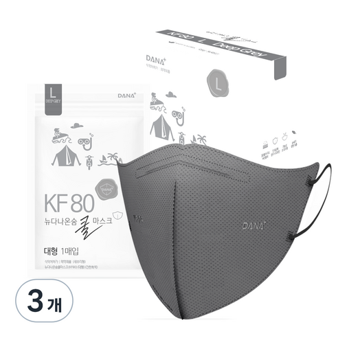 다나마스크 뉴다나온숨 새부리형 쿨마스크 대형 KF80, 50개입, 3개, 진한회색