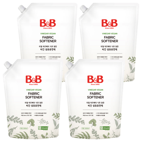 비앤비 유아 무향 비건 섬유유연제 리필형, 1.5L, 4개