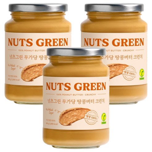 넛츠그린 무가당 땅콩버터 크런치, 480g, 3개
