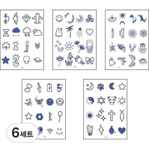 러비쉬 스티커 귀여운 반영구 헤나 판박이 대용량 타투 5종 세트 키치, 혼합색상, 6세트