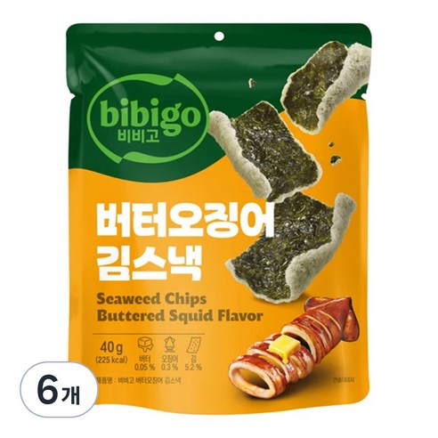 비비고 버터오징어 김스낵, 6개, 40g