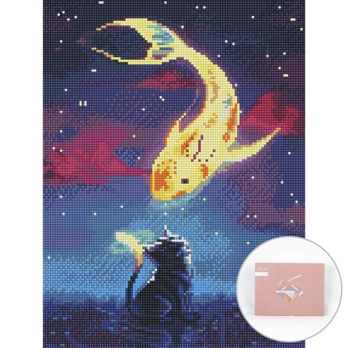 아트조이 DIY 보석십자수 캔버스형 30 x 40 cm, 고양이와 황금잉어, 1개