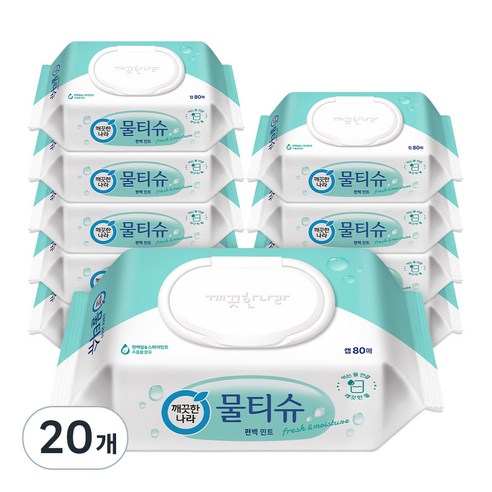 깨끗한나라 편백 민트 물티슈 캡형, 80매입, 20개