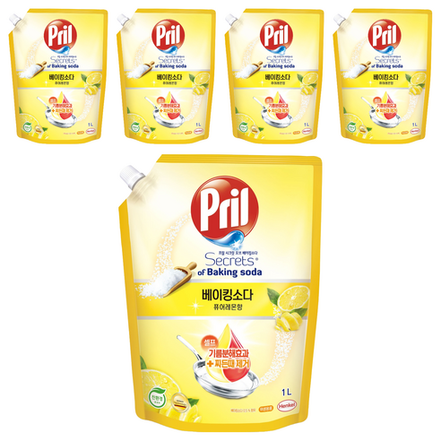 프릴 시크릿오브 베이킹소다 주방세제 퓨어레몬향 리필, 1L, 5개