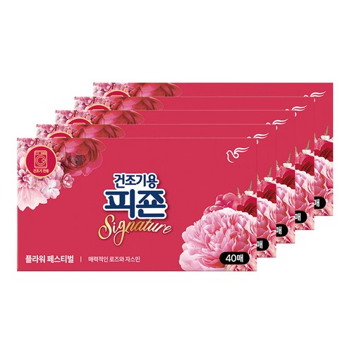 피죤 건조기용 시트 섬유유연제 플라워 페스티벌 본품, 40개입, 5개