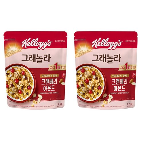 켈로그 크랜베리 아몬드 그래놀라 시리얼, 1.2kg, 2개