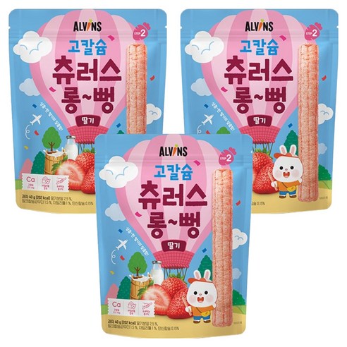 엘빈즈 유아용 고칼슘 츄러스 롱뻥 STEP2, 딸기맛, 40g, 3개