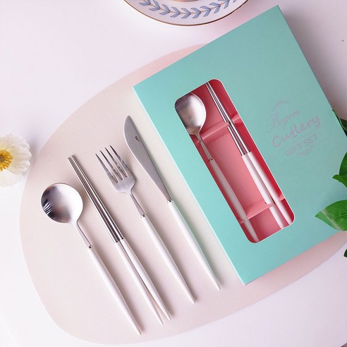 보겐 에펠 양식 1인 커트러리 선물세트, 실버 + 화이트, 디너스푼 1p + 젓가락 1p + 포크1p + 나이프1p + 선물박스