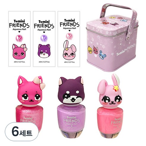 투미니 프렌즈 수성 어린이 매니큐어 고양이 + 토끼 + 강아지 + 틴케이스, 6개, 트윙클핑크 + 피치핑크 + 라벤더