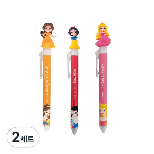 디즈니프린세스 마스코트 퀵 드라이 흑색 젤 펜 3종 세트 0.5mm, 벨, 백설공주, 오로라, 2세트