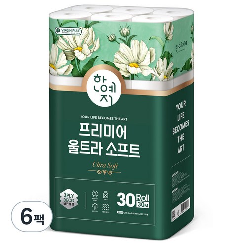 한예지 3겹 프리미어 울트라 소프트 천연펄프 화장지 30m, 30롤, 6팩