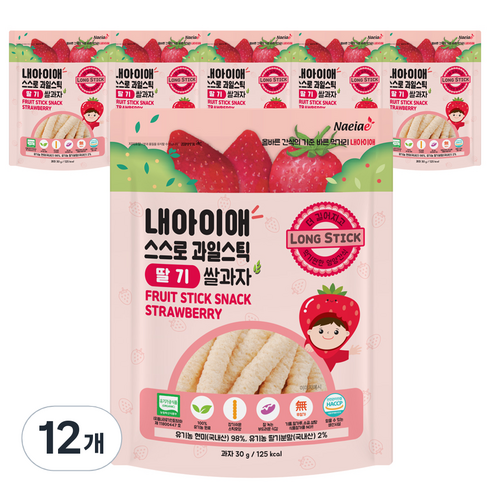 내아이애 유기농 스스로 과일 롱스틱, 딸기, 30g, 12개