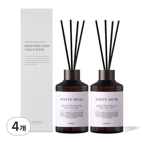 에이센트 네이처 실속형 디퓨저, 화이트머스크, 200ml, 4개