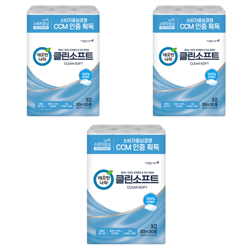 깨끗한나라 클린소프트 천연펄프 3겹 고급롤화장지, 30m, 30개입, 3개