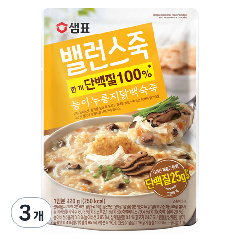 샘표 밸런스죽 능이누룽지닭백숙죽, 420g, 3개