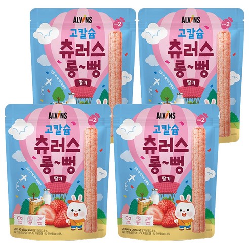 엘빈즈 유아용 고칼슘 츄러스 롱뻥 STEP2, 딸기맛, 40g, 4개