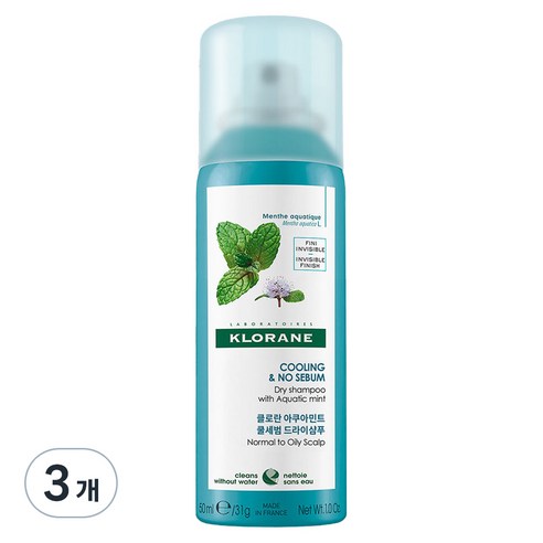 클로란 아쿠아민트 쿨세범 기내용 여행용 드라이 샴푸, 50ml, 3개