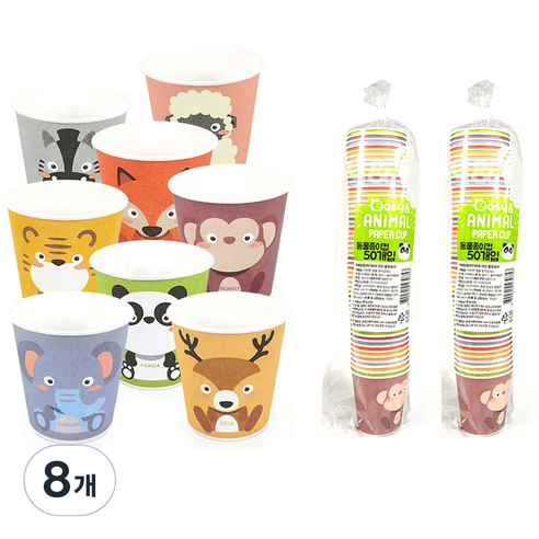이지앤 동물 캐릭터 종이컵 랜덤발송 184ml, 50개, 8개