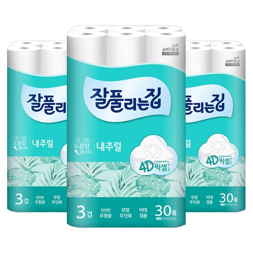 잘풀리는집 내추럴 4D픽셀 엠보싱 3겹 롤화장지 25m, 30롤, 3팩