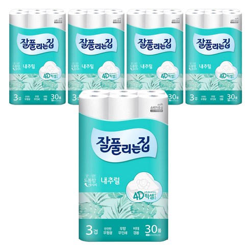 잘풀리는집 내추럴 4D픽셀 엠보싱 3겹 롤화장지 25m, 30롤, 5팩