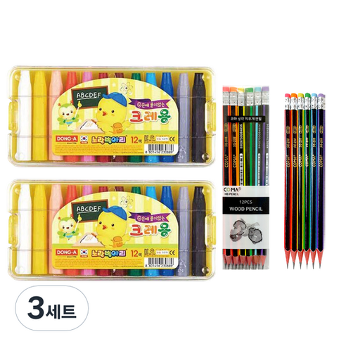 동아 노랑병아리 크레용 12색 2p + 투코비 코마 삼각 지우개 연필 SG-208 12p, 혼합색상, 3세트