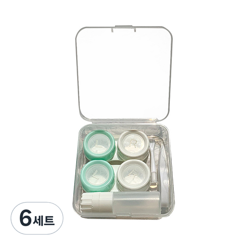 알럽뷰 휴대용 콤팩트 렌즈케이스 2p + 보관함 + 집게 2p 세트, 라운드 그린화이트, 6세트