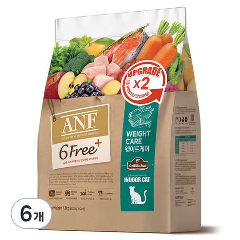 ANF 생후 12개월 이후 식스프리플러스 인도어 캣 웨이트케어 건식사료, 닭, 1.6kg, 6개