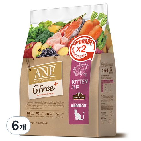 ANF 생후 12개월 이전 식스프리플러스 인도어 캣 키튼 건식사료, 1.6kg, 6개