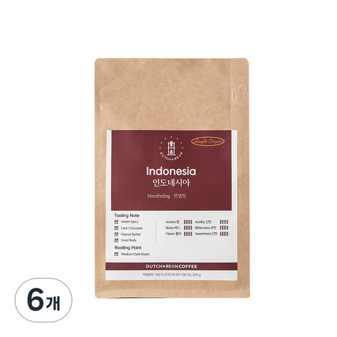 더치앤빈 싱글 오리진 인도네시아 만델링 로스팅원두, 프렌치프레스, 200g, 6개