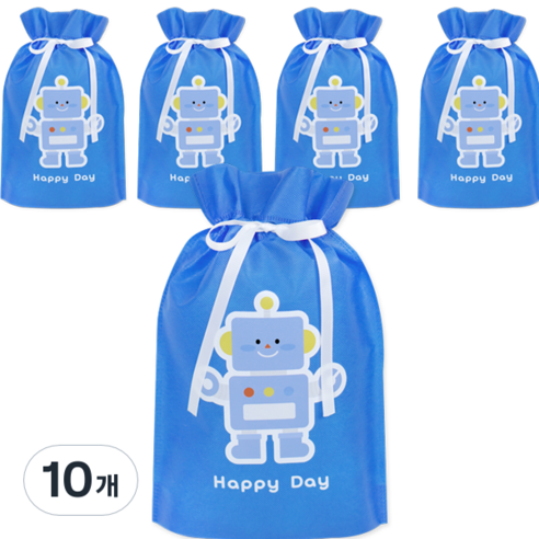 도나앤데코 행복한날 선물 포장 부직포 주머니백 2호 002 happy day 로봇 22 x 32 cm, 파랑, 10개