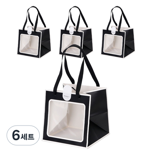 인디케이 투명창 선물쇼핑백 중 4p + 스티커 4p 세트, 블랙, 6세트