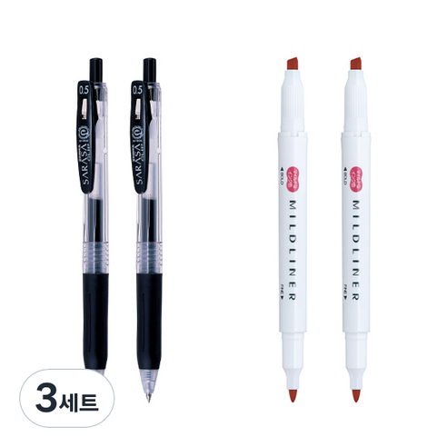 제브라 마일드라이너 마카 2p + 사라사 클립 볼펜 0.5mm 2p 세트, 레드(마일드라이너), 검정(볼펜), 3세트