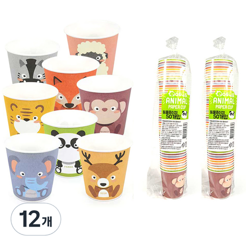 이지앤 동물 캐릭터 종이컵 랜덤발송 184ml, 50개, 12개