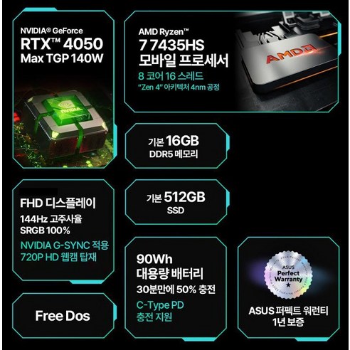 에이수스 2024 TUF 게이밍 A15 15.6 라이젠7 라이젠 7000 시리즈 지포스 RTX 4050, Mecha Gray, 512GB, 16GB, Free DOS, FA507NUR-LP164