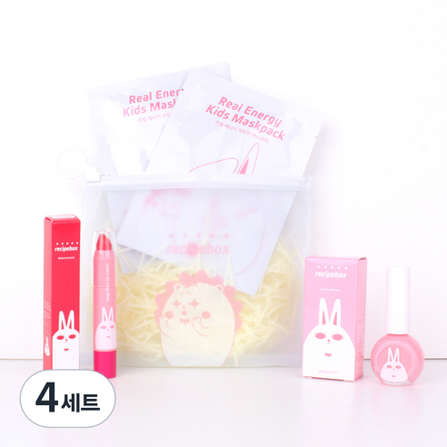 레시피박스 어린이 여행용 심플 메이크업 세트, 휴대용 파우치 + 어린이 마스크팩 2p + 립크레용 + 매니큐어 체리블라썸, 4세트