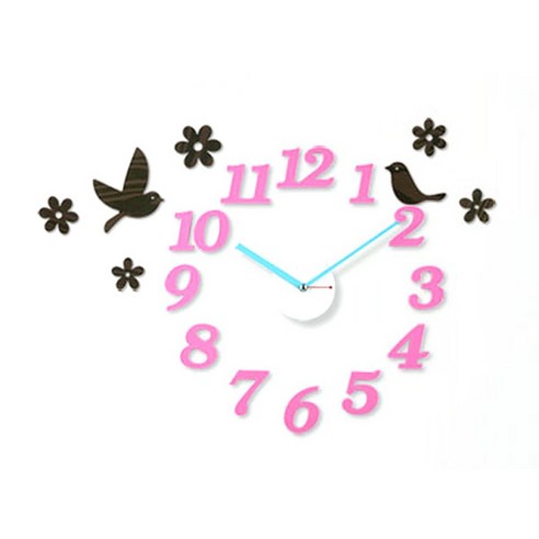 DIY 벽시계 클래식, 새와 꽃잎(핑크)