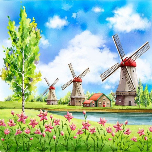 리드센스 암막 실사 롤 스크린, 풍차 마을
