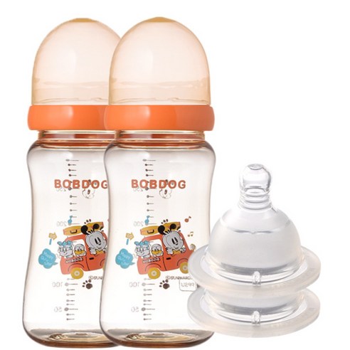 리틀밥독 PPSU 유꼭지젖병 트윈팩 300ml 젖꼭지 2개입, 3단계(3~6개월), 오렌지