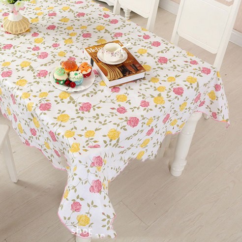 블럭마트 방수 식탁보 8인용, 핑크꽃 (옐로우), 228 x 152 cm