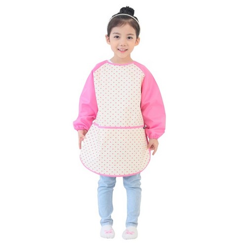 플리에 여아용 긴소매 앞치마, 크림 + 핑크하트