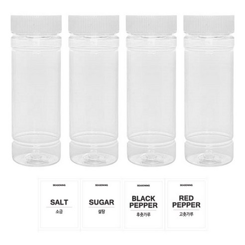 홈앤라이프 투명원형 PET 양념통 140ml 세트, 1세트, 양념통 4p + 흰색캡 4p + 스티커 4p(소금 + 설탕 + 후추 + 고춧가루)