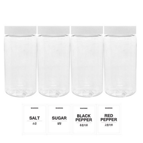 홈앤라이프 투명원형 PET 양념통 350ml 세트, 1세트, 양념통 4p + 흰색캡 4p + 스티커 4p(소금 + 설탕 + 후추 + 고춧가루)