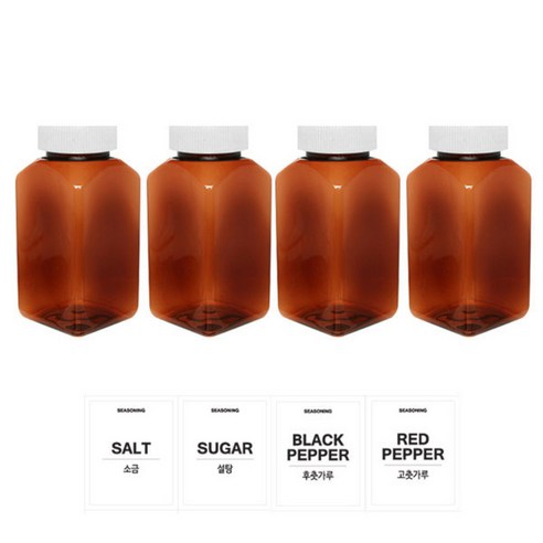 홈앤라이프 갈색사각 PET 양념통 200ml 세트, 1세트, 양념통 4p + 흰색캡 4p + 스티커 4p(소금 + 설탕 + 후추 + 고춧가루)
