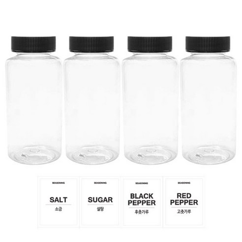 홈앤라이프 투명원형 PET 양념통 200ml 세트, 1세트, 양념통 4p + 검정캡 4p + 스티커 4p(소금 + 설탕 + 후추 + 고춧가루)