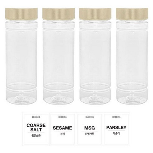 홈앤라이프 투명원형 PET 양념통 140ml 세트, 1세트, 양념통 4p + 미색캡 4p + 스티커 4p(굵은소금 + 참깨 + 마법가루 + 파슬리)