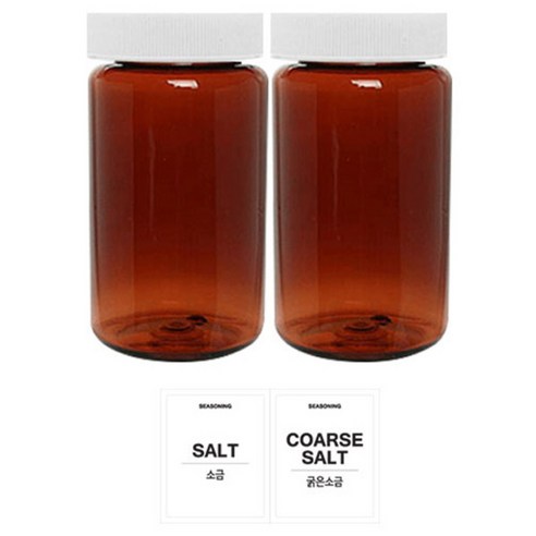 홈앤라이프 갈색 원형 PET 양념통 흰색캡 300ml 2p 세트, 1세트, 양념통 갈색 원형 2p + 흰색스티커(소금+굵은소금)