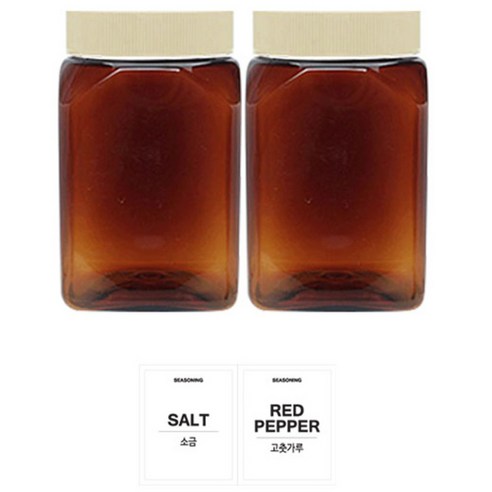 홈앤라이프 갈색 사각 PET 양념통 미색캡 350ml 2p 세트, 1세트, 용기 2p + 뚜껑 2p + 스티커(소금, 고춧가루)