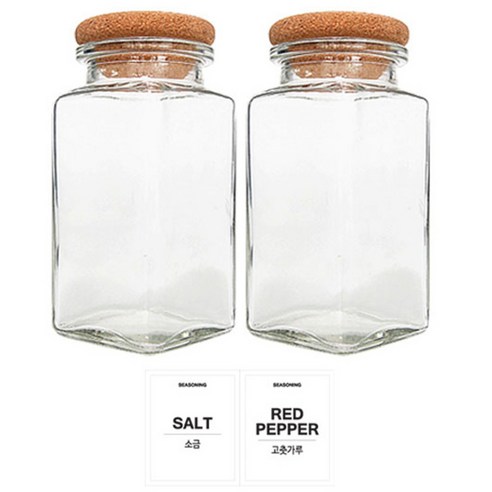 홈앤라이프 유리 양념통 사각 코르크캡 300g 2p 세트, 1세트, 용기 2p + 뚜껑 2p + 투명스티커 (소금 + 고춧가루)