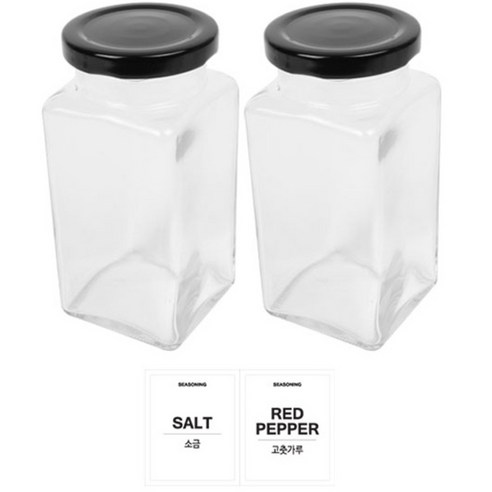 홈앤라이프 유리 양념통 사각 블랙캡 300g 2p 세트, 1세트, 양념통 사각 2p + 투명스티커(소금 + 고춧가루)